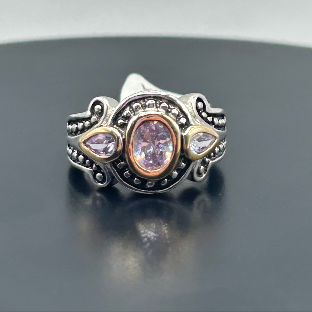 Sparkling 18KGE Two-Tone Lilac CZ Trio Stone 6.75 Ring
